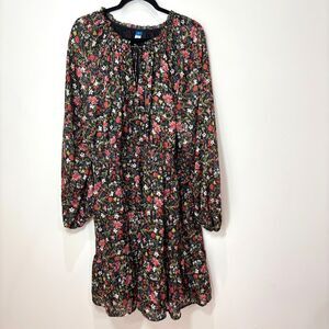 Old Navy Black Multi Floral Dress 3X Metallic Chiffon Ruffles Smocked Cottage